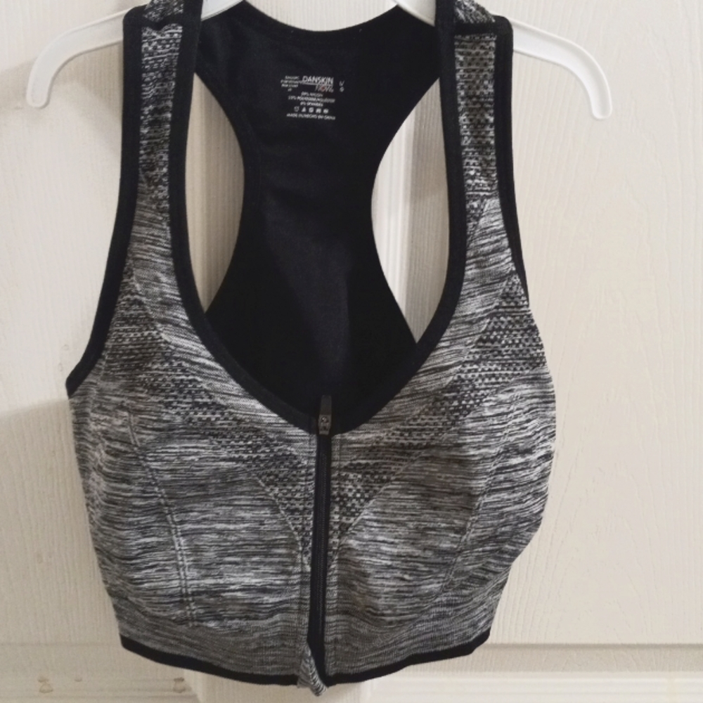 DANSKIN Lg Zip Up in Front Sportsbra Racerback Blk Gray&White Activewear